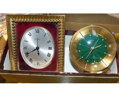 A Swiza Swiss Made easel alarm clock with jewelled movement; another very similar clock