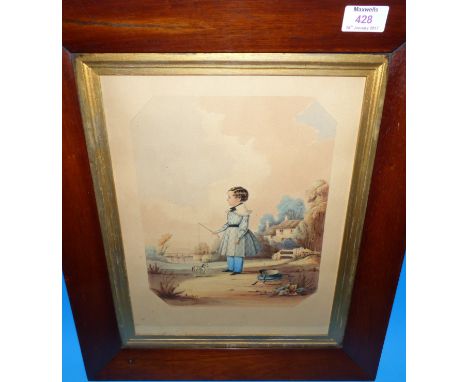 Early 19th Century:  Young boy in blue check frock coat playing with a toy horse, watercolour, unsigned, 10½" x 8", in contem
