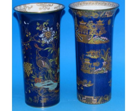 A Carltonware flared cylindrical vase with Chinoiserie decoration against a blue ground; a similar vase, height 8½"