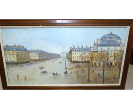 T.L. Noyarett:  Continental city street, oil on canvas, signed, 23" x 47", framed; a floral print, framed and glazed