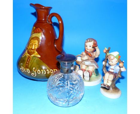 A Royal Doulton "Ben Johnson" jug; 2 Hummel figures; a silver top scent bottle; a 19th century continental painting on cerami