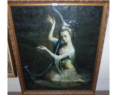 A modern oil on canvas:  Middle Eastern woman, seated and playing a harp, unsigned, 39" x 31", framed