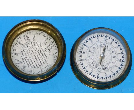 A 19th century brass cased sundial compass, the domed lid with equation of the chart to the interior, diameter 2"