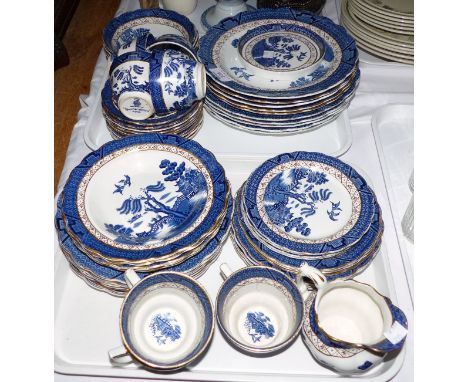 A Booths "Real Old Willow" part dinner and tea set, 60 pieces approx; similar blue and white ware