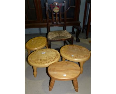 Three child's alphabetic carved stools; a child's Arts & Crafts chair; a pine stool