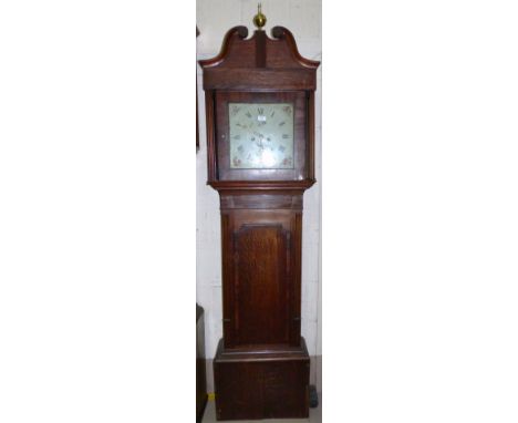 An early 19th century oak and mahogany longcase clock with swan neck pediment, square reeded pillars to the hood and trunk, p