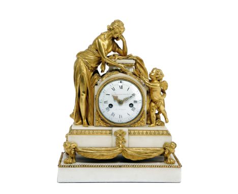 A FRENCH LOUIS XVI WHITE MARBLE AND ORMOLU MANTEL CLOCK BY BARANCOURT, C.1785 the brass drum twin train movement with an outs