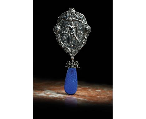 A LAPIS LAZULI HANDLED SILVER MIRROR UNMARKED, PROBABLY 19TH CENTURY of shaped oval form, with a classical female warrior wit