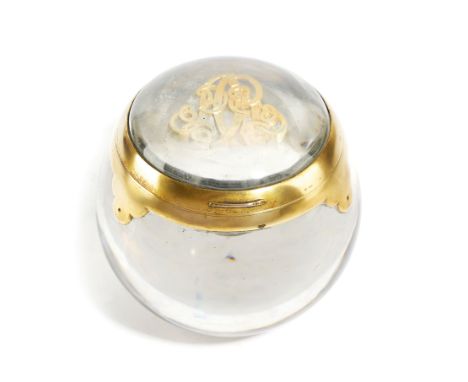A VICTORIAN GLASS INKWELL LATE 19TH CENTURY of globular form, with gilt metal mounts, the hinged cover with the 'AR' monogram