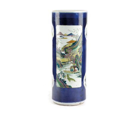 A CHINESE PORCELAIN FAMILLE VERTE STICKSTAND KANGXI STYLE, 19TH CENTURY of cylindrical form, the powder blue ground painted w