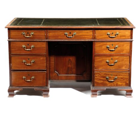 A MAHOGANY KNEEHOLE DESK IN GEORGE III STYLE, 18TH CENTURY ELEMENTS BUT LATER ADAPTED the moulded edge top inset with later g