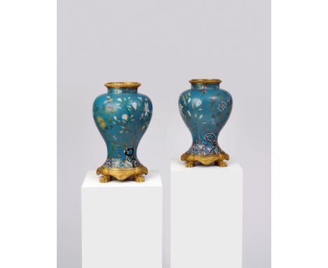 A PAIR OF CHINESE CLOISONNE ENAMEL VASES QING DYNASTY, EARLY 19TH CENTURY each with French ormolu mounts, of baluster form, d