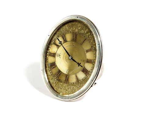 A VICTORIAN SILVER TRAVELLING CLOCK BY ALFRED FULLER, LONDON, 1887 retailed by H. Lewes and Co., 172 New Bond Street, of oval