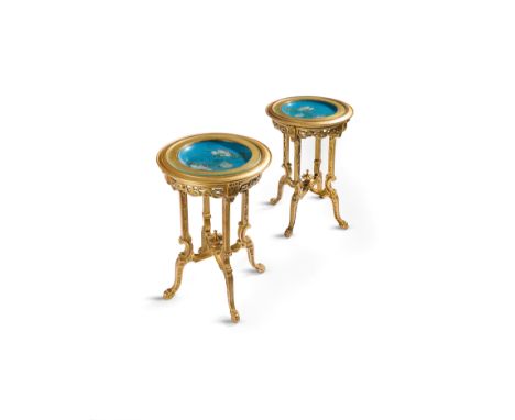 A PAIR OF FRENCH GILTWOOD AND CHINESE CLOISONNE ENAMEL TABLES LATE 19TH / EARLY 20TH CENTURY each with a circular moulded top