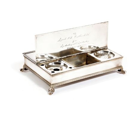 A GEORGE V PRESENTATION SILVER TREASURY INKSTAND BY H. LAMBERT, LONDON, 1912 of rectangular form, with a central carrying han