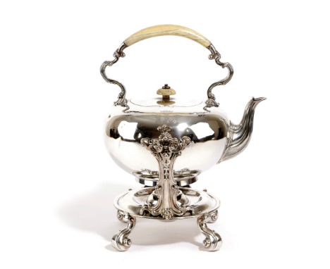 λ A WILLIAM IV SILVER KETTLE ON STAND BY ROBERT GARRARD, LONDON, 1836 of circular form, the flush hinged cover with an ivory 