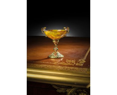 A FRENCH GOLD, ENAMEL AND AGATE TAZZA IN RENAISSANCE STYLE BY JEAN-VALENTIN MOREL (1794-1860), C.1838-1848 the agate bowl wit