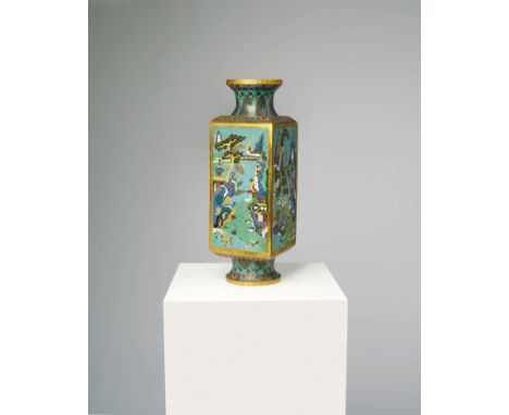 A CHINESE CLOISONNE ENAMEL 'LANDSCAPE' VASE, CONG 18TH CENTURY of square-section, the four sides are finely decorated with fi