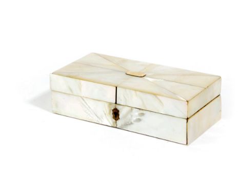 AN EARLY VICTORIAN MOTHER OF PEARL WRITING BOX '1838' of rectangular form, the cover with an initialled cartouche 'C.de R', t