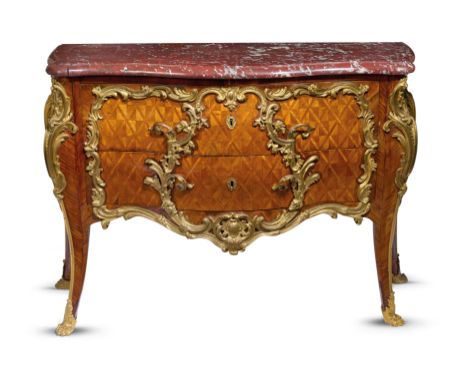 A FINE FRENCH LOUIS XV KINGWOOD AND ORMOLU MOUNTED SERPENTINE BOMBE COMMODE ATTRIBUTED TO GILLES JOUBERT (FRENCH 1689-1775), 