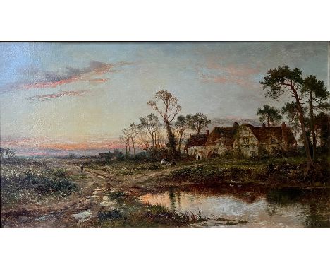 Daniel SHERRIN (1868-1940), Große Landschaft mit Weiher und Gehöften im Abendlicht, signiert, Öl/Lwd (aufgez.), Altersspuren,