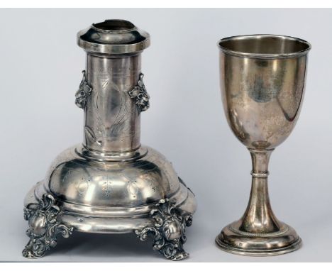 Österreich, 19. Jh., 800er Silber, Kelch und Leuchterfuß, beide gemarkt mit Dianakopf, Altersspuren, H 21 und 23 cm, zus. 678