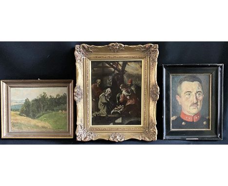 3 interessante Gemälde: Louis LEJEUNE (1877-1954), Landschaft mit Wald und Wiesen, signiert, Öl/Malkarton, 19 x 25 cm; Jan C.