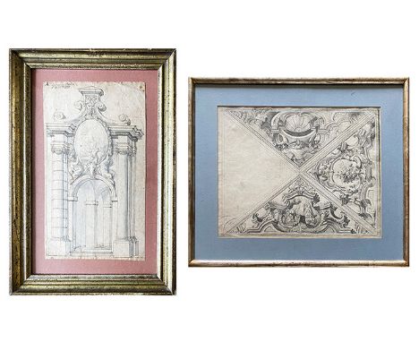 Zwei Tuschezeichnungen, Architekturdarstellungen, 18. Jh., Italien: Von zwei Säulen gesäumter Arkadenbogen, mit Giebelbekrönu