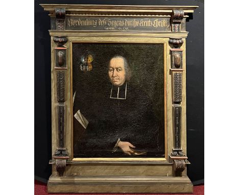Unbekannter Künstler, 17./18. Jh., Portrait eines Geistlichen mit Wappen, Inschrift: Vordeutung deß Segenß durchß Kreutz Chri