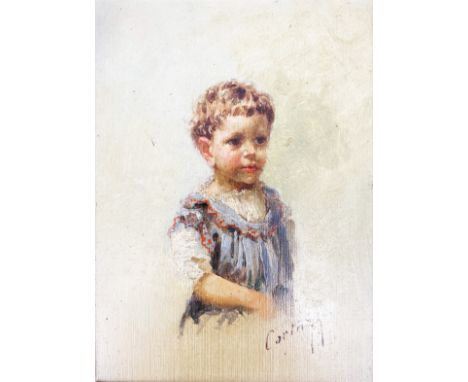 Oreste Cortazzo (1836-1910), Kinderbildnis, Halbfigurenportrait eines Kindes mit kurzen hellbraunen Haaren in hellblau-weißem