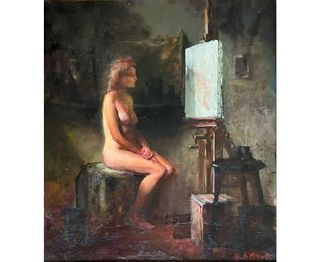 Gregg KREUTZ (1947), Im Atelier: Weiblicher Akt vor Staffelei, signiert, 50 x 45 cm. Gregg KREUTZ (1947), In the studio: Fema