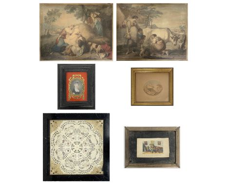 Konvolut aus Graphiken, Miniatur und Papierarbeiten: Miniatur, kleines ovales Frauenportrait in goldener Rahmung, 17 x 14 cm 
