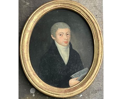 Biedermeier, Mitte 19. Jh., Portrait eines Herrn mit dunklem Anzug und weißem Kragen, oval, Öl/Lwd (aufgez.), 45 x 35 cm. Bie