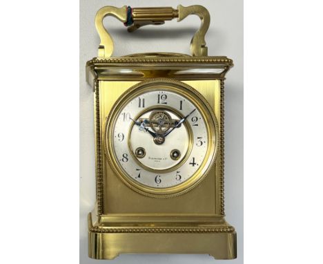 Reiseuhr bzw Carriage Clock, Elkington &amp; Co. Paris, Zifferblatt mit arabischen Ziffern und sichtbarer Unruhe, mit Baromet