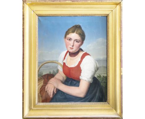 Mädchenportrait, 19. Jh., sitzende junge Frau in Tracht mit einem Korb unterm Arm vor einer weiten Landschaft, Öl/Lwd. 72 x 5