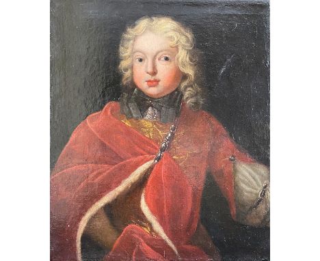 Portrait eines jungen Adeligen mit blonden Locken und einem roten Samtumhang mit Pelzbesatz, Öl/Lwd. 55,5 x 46,5 cm, Alterssp