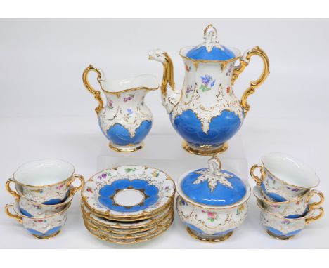 Meissen, Prunkservice, Mokka, blau und weiß mit Streublümchen, 6 Tassen mit Untertassen, Kanne, Milch und Zucker, Schwerterma