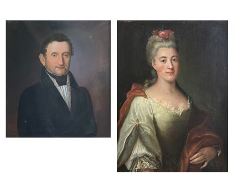 Zwei Portraits: Barockportrait, Dame in weiß-rotem Kleid und Rosen im Haar, verso bez. "der Frau Hauptmann von Lenz 1794", Öl