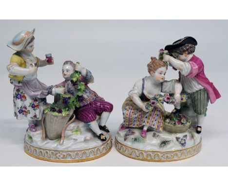 Meissen, zwei Figurenpaare; Allegorie Frühling und Herbst: Mädchen mit Girlande und stehendem Galan, F93, div. Blüten und Blä