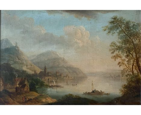 Christian Georg I SCHÜZ (1718-1791), Landschaft am See mit Gehöften im Vordergrund sowie einem Dorf mit Kirche und Türmen im 