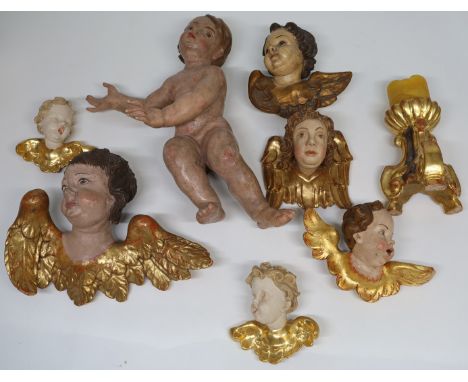 Sakrales Konvolut: Köpfe, Putten, Putti, Kopfpflüger, geflügelte Puttenköpfe, 1 x Kerzenleuchter, 1 x Kinderfigur, Knabe H 46