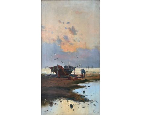 N. George, Schiff am Wattenmeer mit Fischer und Möwen im Abendlicht, signiert, Öl/Lwd, Altersspuren, 40 x 70 cm. N. George, S