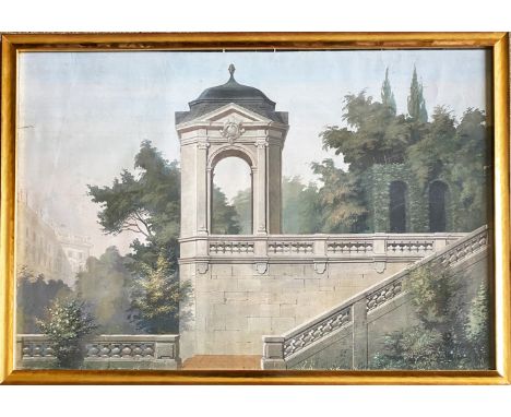 Unbekannter Maler, 19. Jh., Architekturkulisse, Gartenanlage eines Schlosses, Altersspuren, kleine Besch. im Blatt, 59,5 x 88