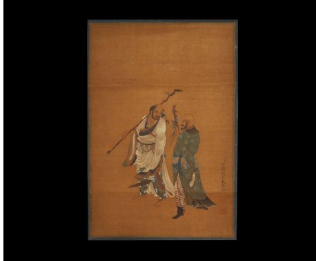 20th century AD. A rectangular paper panel on a fabric backing with wooden roller; painted scene of two Jainist arhat scholar