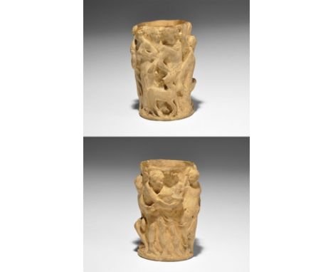 . An undated archaistic terracotta vessel with frieze of high-relief standing and seated figures to the exterior, with a hunt