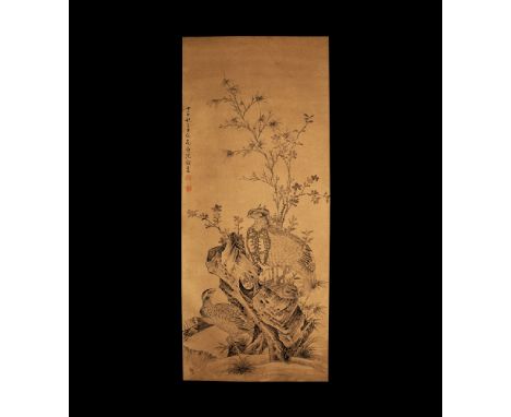 20th century AD. A rectangular paper panel on a fabric backing with wooden roller; painted scene of two birds in a rocky land
