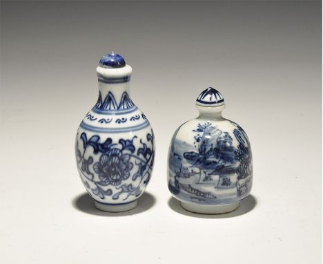20th century AD. A mixed pair of ceramic snuff bottles comprising: one white-glazed with a band of blue flowers and tendrils;