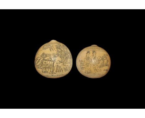 20th century AD. A mixed pair of decorated gourds comprising: one with scenes of robed ladies in a garden, floral panels betw