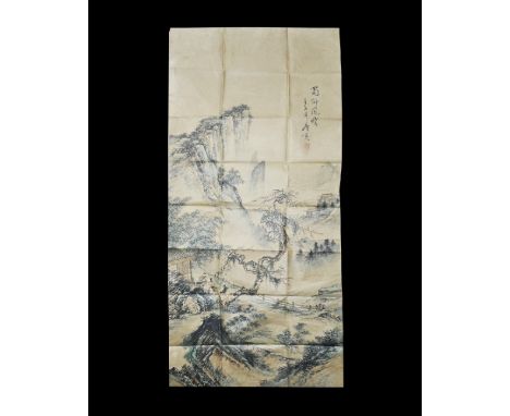 20th century AD. A paper panel with detailed painting of a landscape with mountains, figures beside a building; two columns o