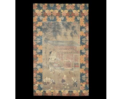 20th century AD. A rectangular paper panel on a fabric backing with wooden roller; central painting of children playing and a